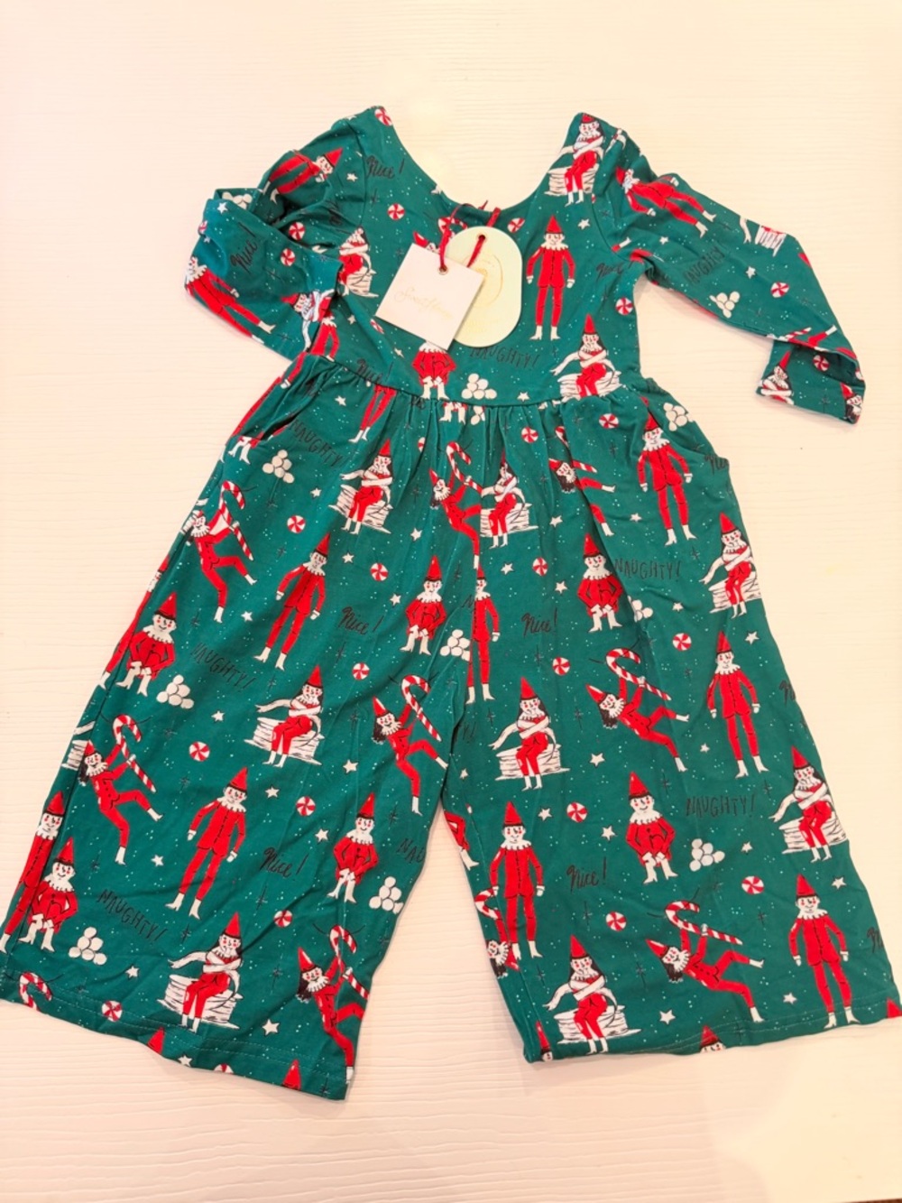 SweetHoney Green Jumpsuit with Red Elf Print